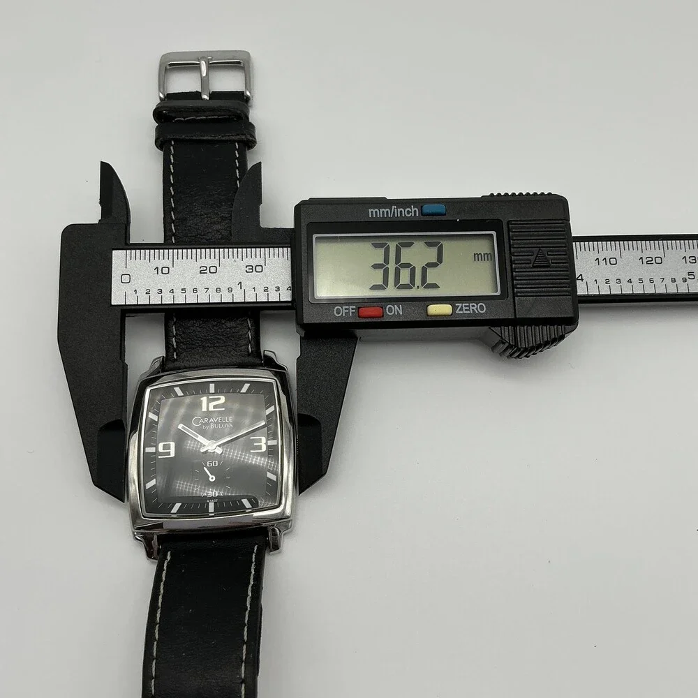 Caravelle By Bulova Mens Square Watch 36mm Black Dial Black Leather New Battery